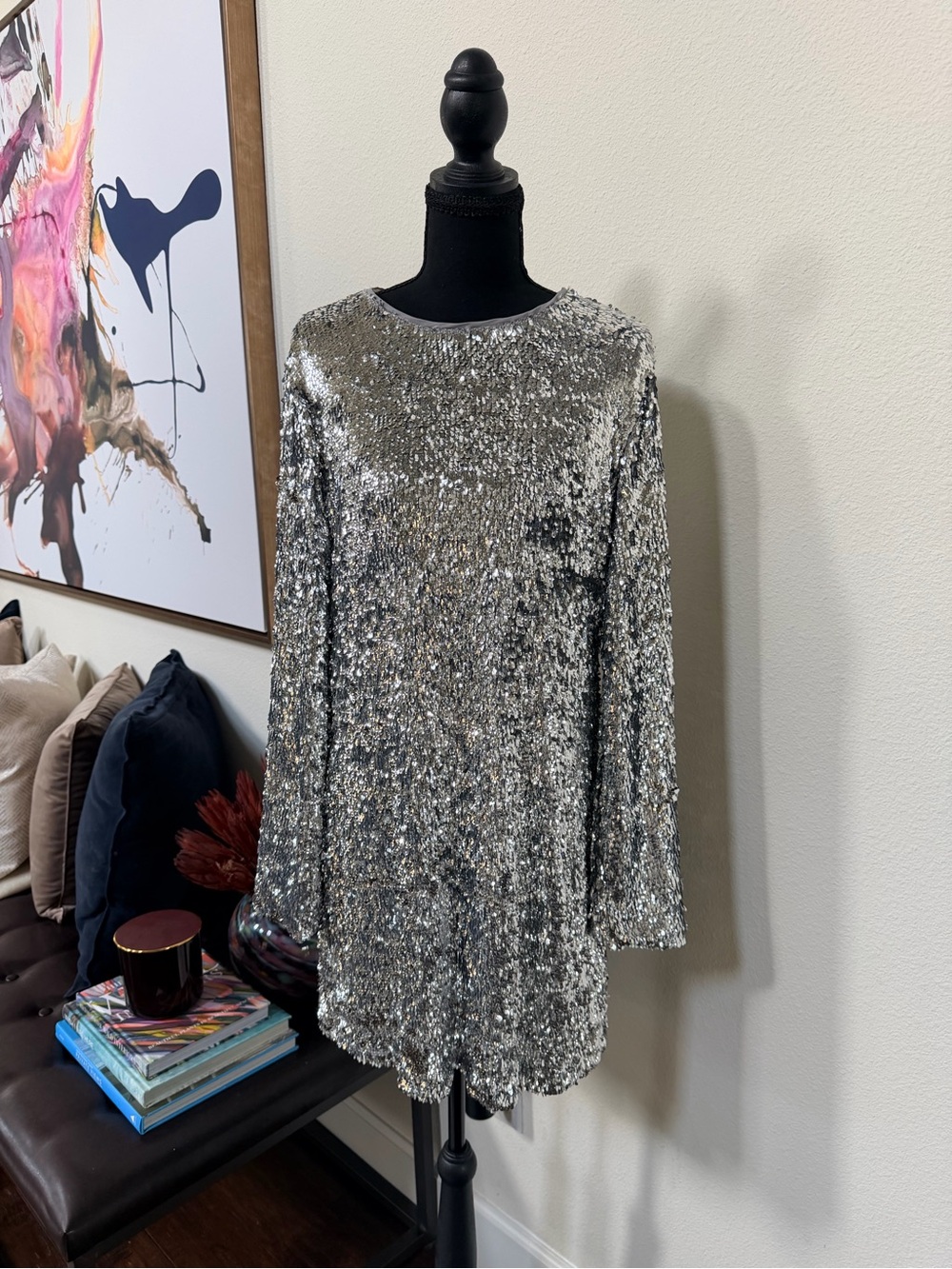 Gianni Bini Silver Sequin Long Sleeve Tunic Midi Dress
